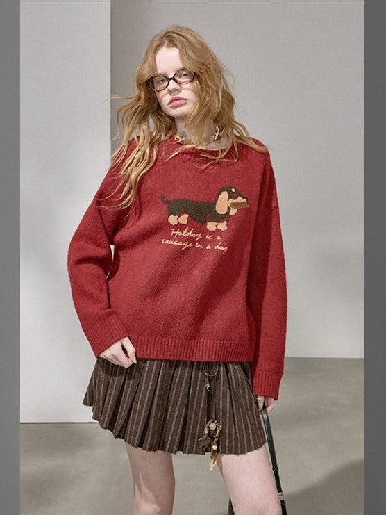 DIDDI MODA Dachshund Jacquard Loose Long Sleeve Women&