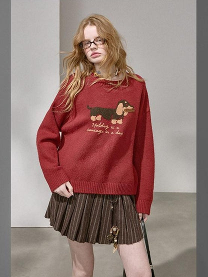 DIDDI MODA Dachshund Jacquard Loose Long Sleeve Women&