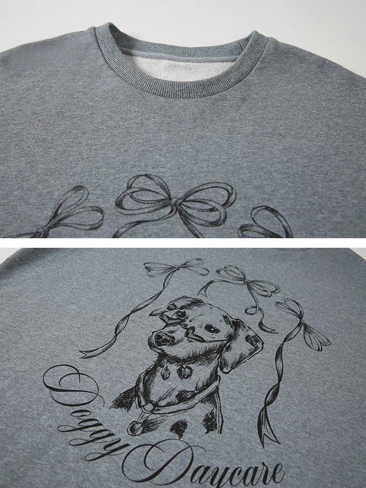 DIDDI MODA Dalmatian Spot Hand Painted Letter Bow Round Neck Loose Women&