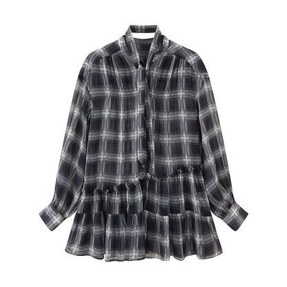 DIDDI_MODA_Dark_Blue_Plaid_Ruffle_Hem_Drop_Shoulder_V-neck_Long_Sleeve_Women&