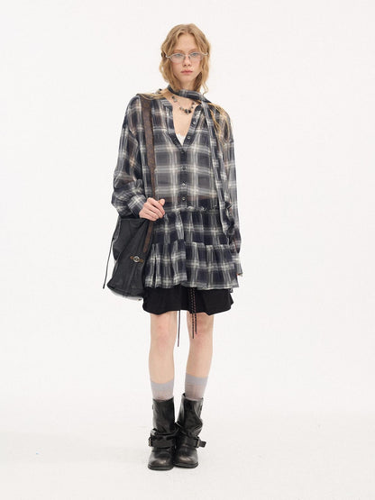 DIDDI MODA Dark Blue Plaid Ruffle Hem Drop Shoulder V-neck Long Sleeve Women&
