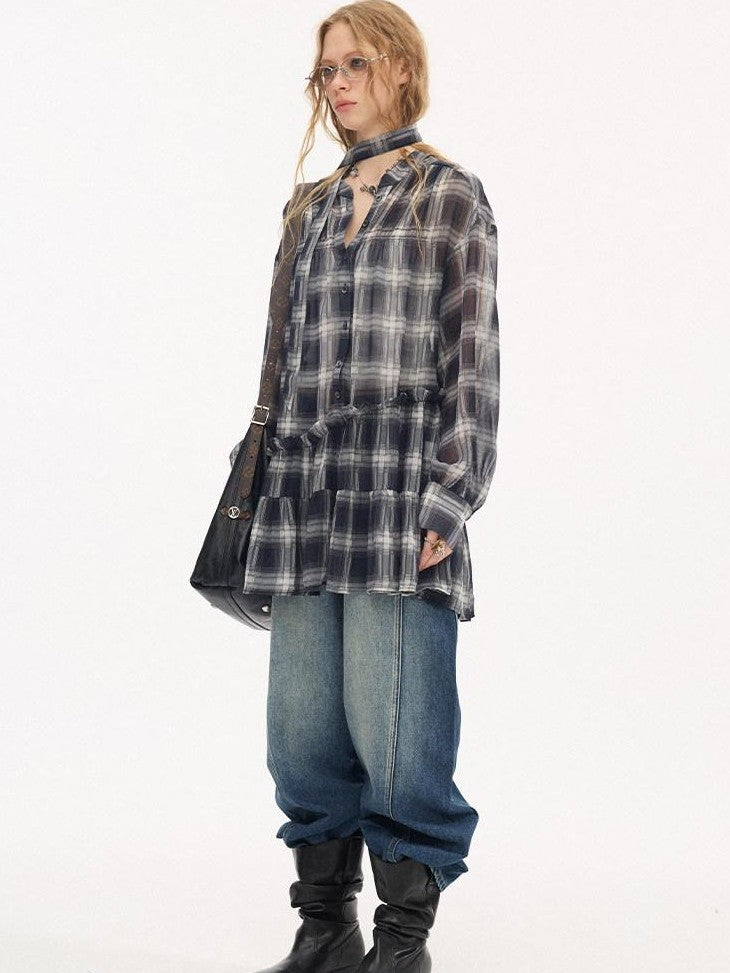 DIDDI MODA Dark Blue Plaid Ruffle Hem Drop Shoulder V-neck Long Sleeve Women&