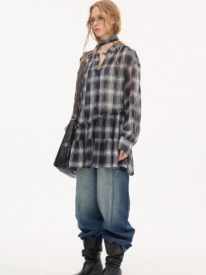 DIDDI MODA Dark Blue Plaid Ruffle Hem Drop Shoulder V-neck Long Sleeve Women&