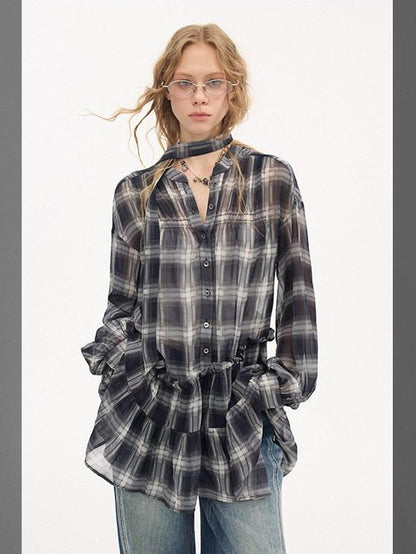 DIDDI MODA Dark Blue Plaid Ruffle Hem Drop Shoulder V-neck Long Sleeve Women&