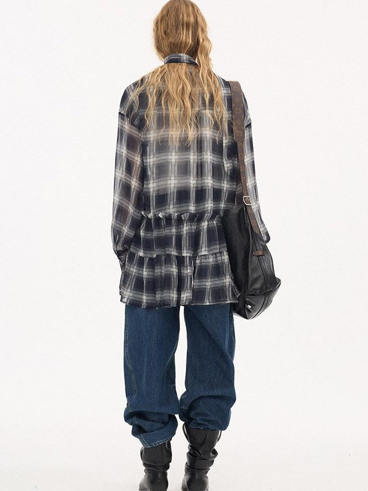 DIDDI MODA Dark Blue Plaid Ruffle Hem Drop Shoulder V-neck Long Sleeve Women&
