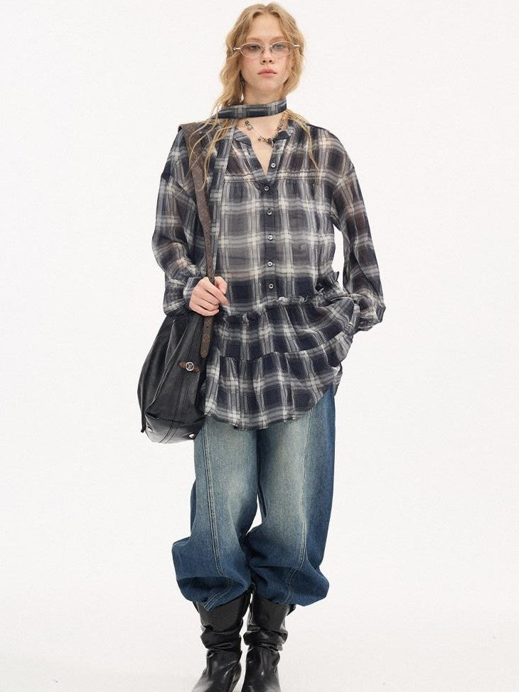 DIDDI MODA Dark Blue Plaid Ruffle Hem Drop Shoulder V-neck Long Sleeve Women&