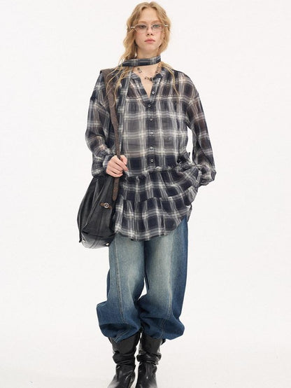 DIDDI MODA Dark Blue Plaid Ruffle Hem Drop Shoulder V-neck Long Sleeve Women&