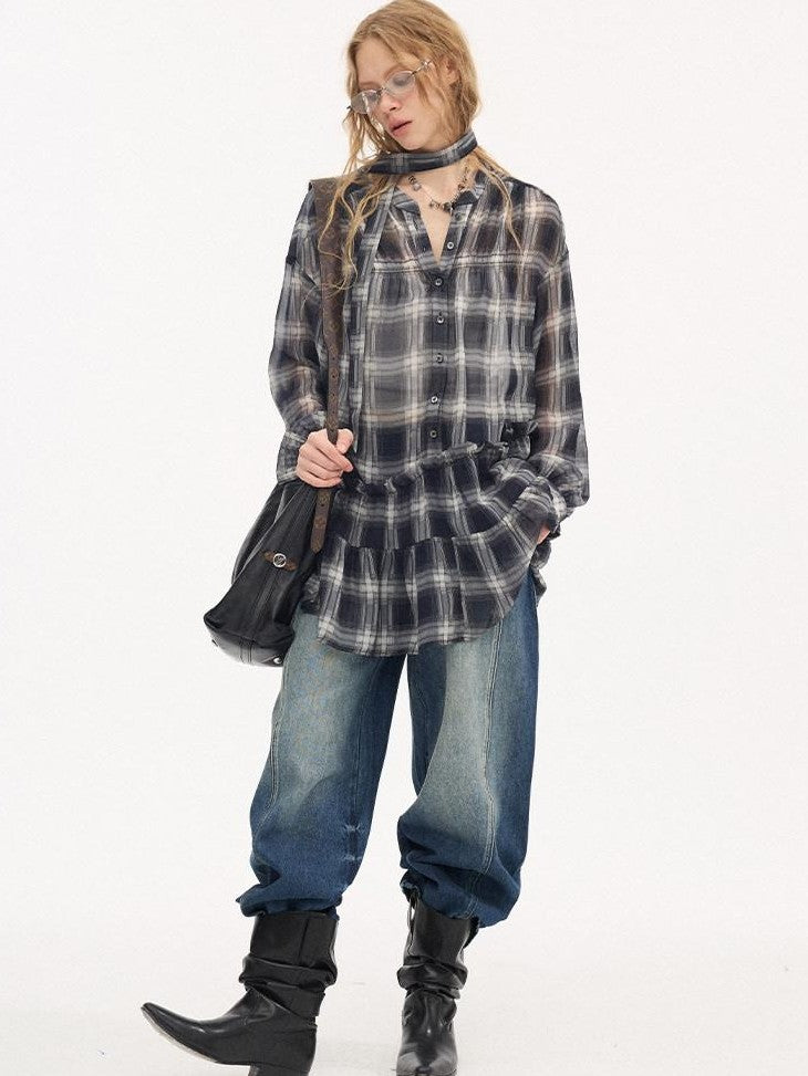 DIDDI MODA Dark Blue Plaid Ruffle Hem Drop Shoulder V-neck Long Sleeve Women&