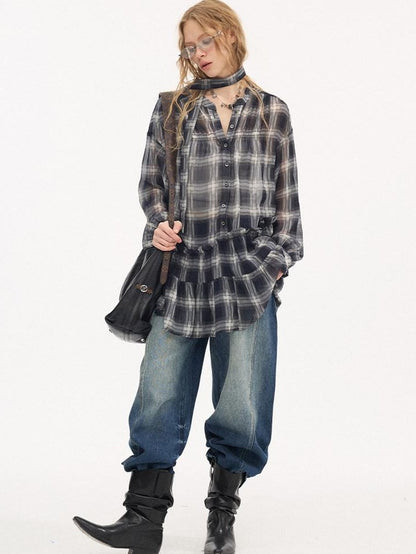 DIDDI MODA Dark Blue Plaid Ruffle Hem Drop Shoulder V-neck Long Sleeve Women&