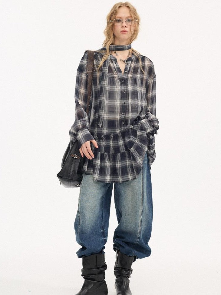 DIDDI MODA Dark Blue Plaid Ruffle Hem Drop Shoulder V-neck Long Sleeve Women&