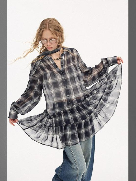 DIDDI MODA Dark Blue Plaid Ruffle Hem Drop Shoulder V-neck Long Sleeve Women&