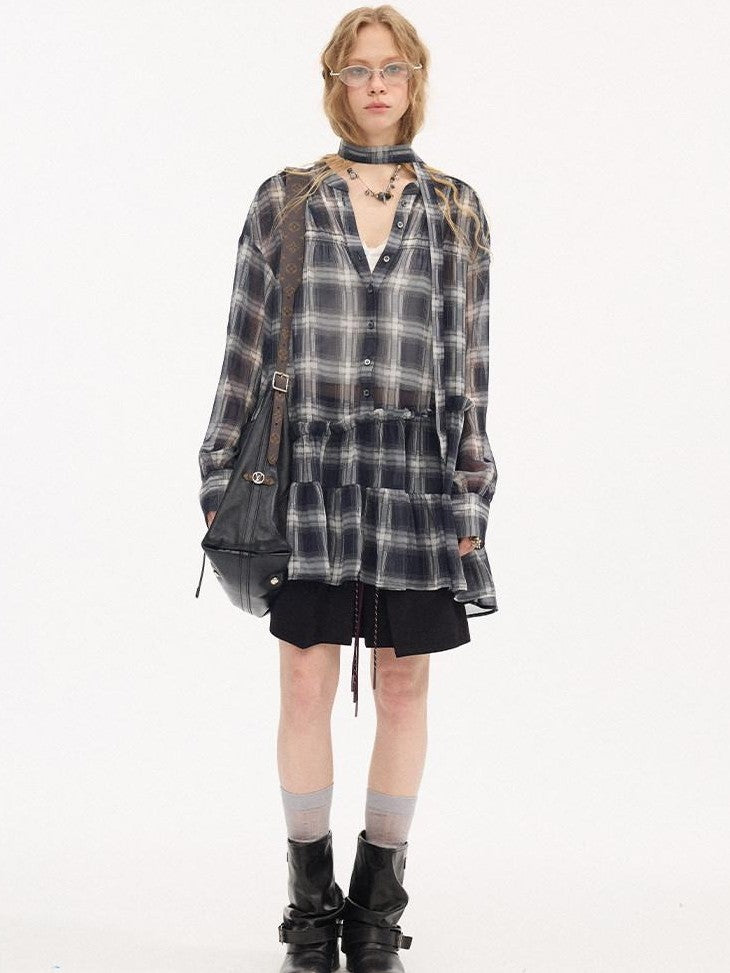 DIDDI MODA Dark Blue Plaid Ruffle Hem Drop Shoulder V-neck Long Sleeve Women&