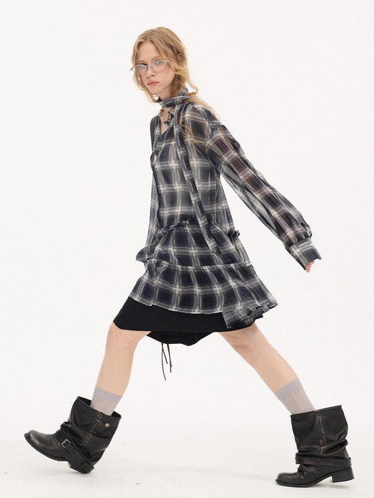 DIDDI MODA Dark Blue Plaid Ruffle Hem Drop Shoulder V-neck Long Sleeve Women&