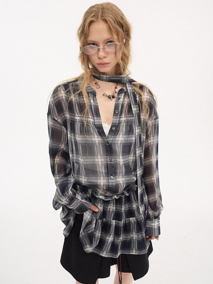 DIDDI MODA Dark Blue Plaid Ruffle Hem Drop Shoulder V-neck Long Sleeve Women&