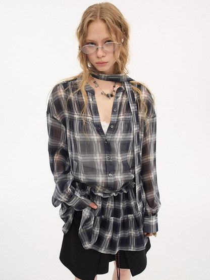 DIDDI MODA Dark Blue Plaid Ruffle Hem Drop Shoulder V-neck Long Sleeve Women&