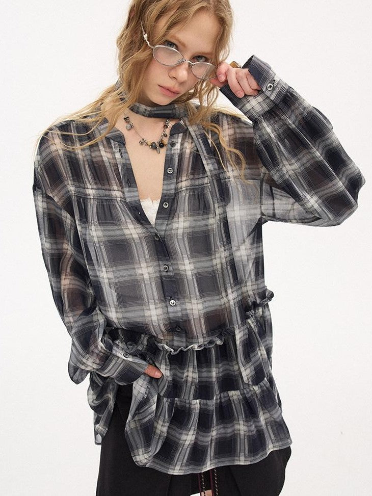 DIDDI MODA Dark Blue Plaid Ruffle Hem Drop Shoulder V-neck Long Sleeve Women&