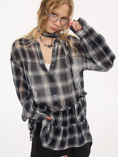 DIDDI MODA Dark Blue Plaid Ruffle Hem Drop Shoulder V-neck Long Sleeve Women&