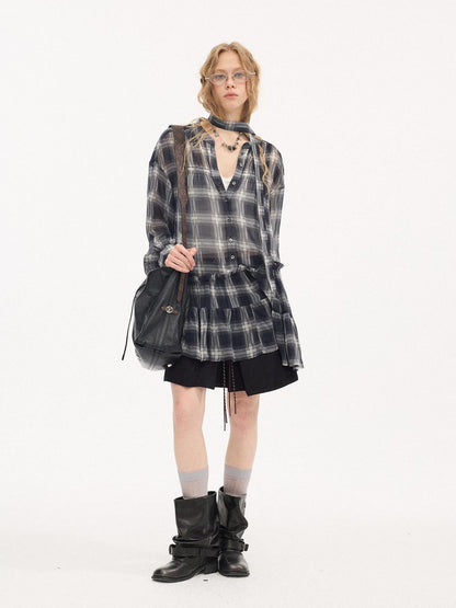 DIDDI MODA Dark Blue Plaid Ruffle Hem Drop Shoulder V-neck Long Sleeve Women&