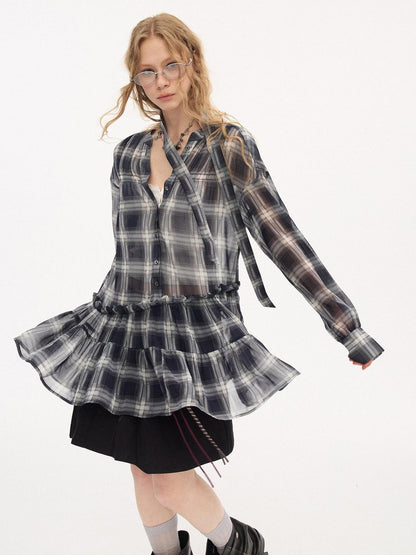 DIDDI MODA Dark Blue Plaid Ruffle Hem Drop Shoulder V-neck Long Sleeve Women&