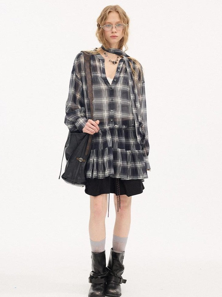 DIDDI MODA Dark Blue Plaid Ruffle Hem Drop Shoulder V-neck Long Sleeve Women&