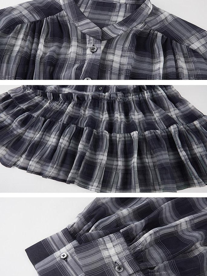 DIDDI MODA Dark Blue Plaid Ruffle Hem Drop Shoulder V-neck Long Sleeve Women&
