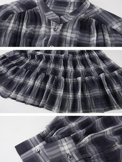 DIDDI MODA Dark Blue Plaid Ruffle Hem Drop Shoulder V-neck Long Sleeve Women&