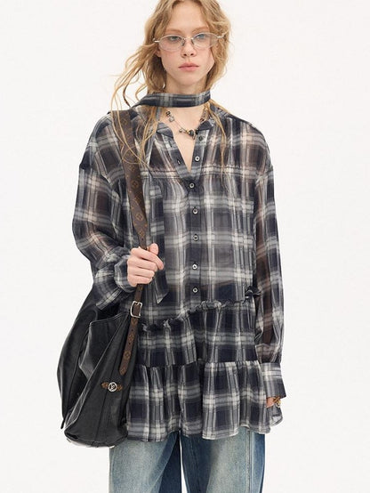 DIDDI MODA Dark Blue Plaid Ruffle Hem Drop Shoulder V-neck Long Sleeve Women&