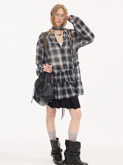 DIDDI MODA Dark Blue Plaid Ruffle Hem Drop Shoulder V-neck Long Sleeve Women&