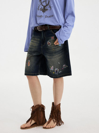 DIDDI MODA Denim Blue Cartoon Sticker Bow Print Women&