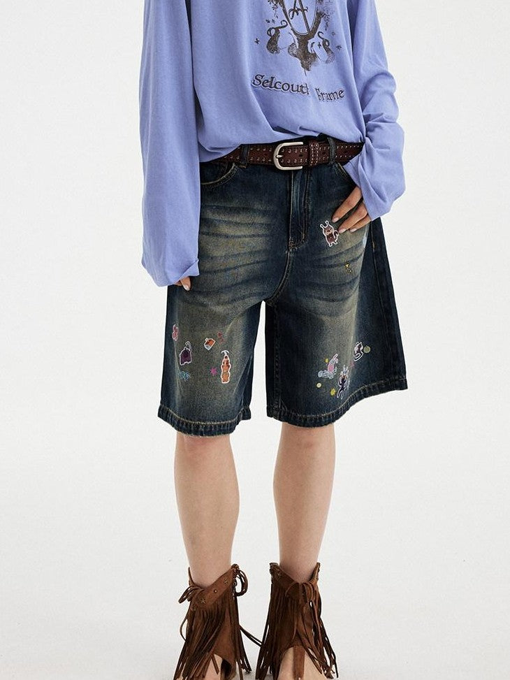 DIDDI MODA Denim Blue Cartoon Sticker Bow Print Women&