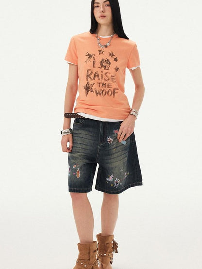 DIDDI MODA Denim Blue Cartoon Sticker Bow Print Women&