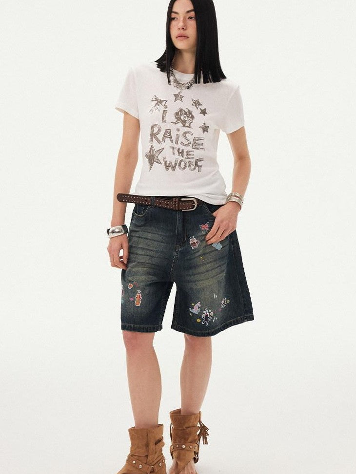 DIDDI MODA Denim Blue Cartoon Sticker Bow Print Women&