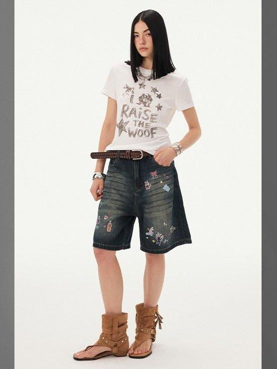 DIDDI MODA Denim Blue Cartoon Sticker Bow Print Women&