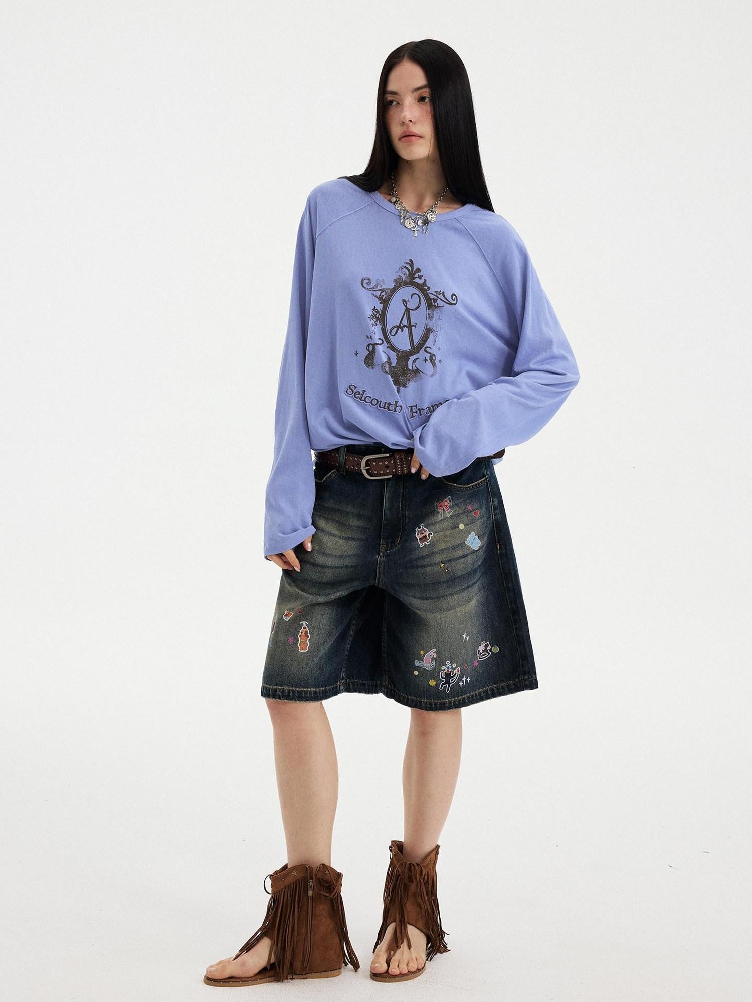 DIDDI MODA Denim Blue Cartoon Sticker Bow Print Women&