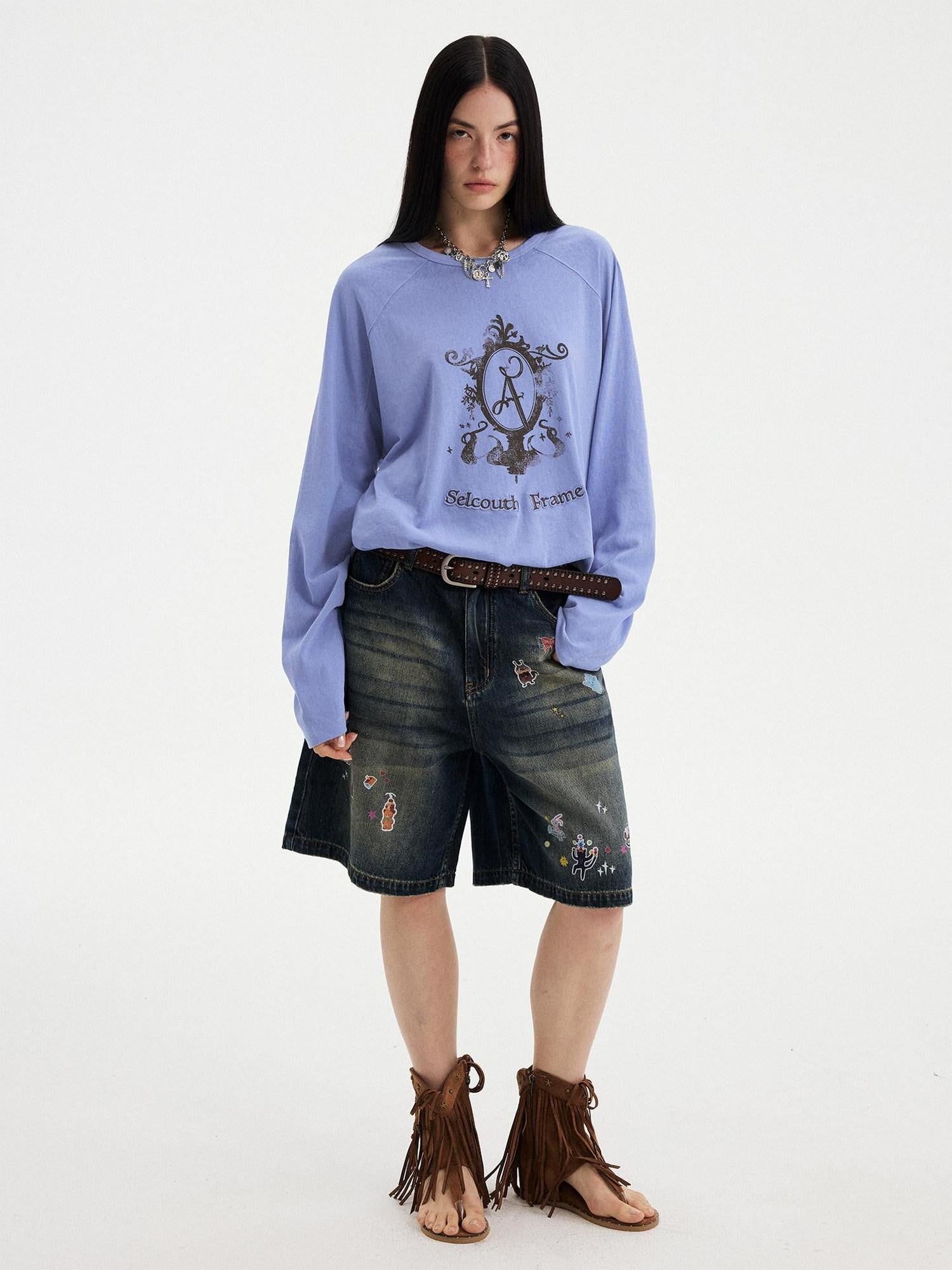 DIDDI MODA Denim Blue Cartoon Sticker Bow Print Women&