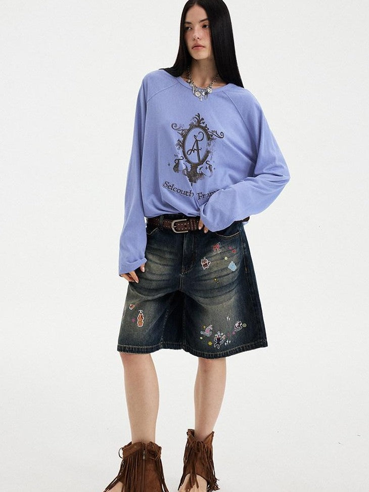 DIDDI MODA Denim Blue Cartoon Sticker Bow Print Women&