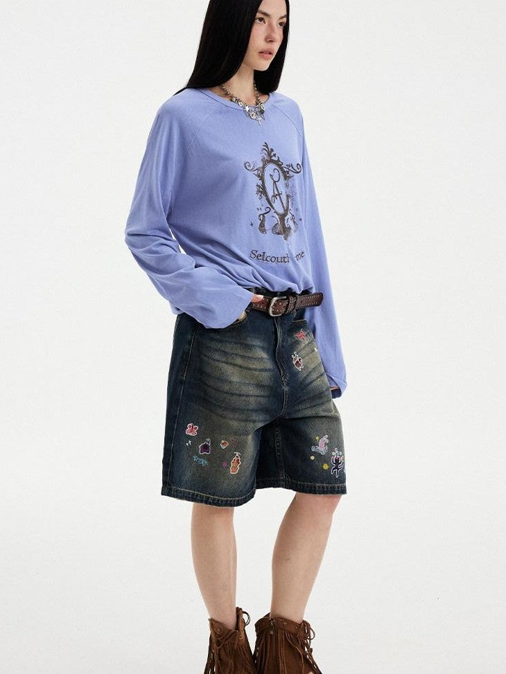 DIDDI MODA Denim Blue Cartoon Sticker Bow Print Women&