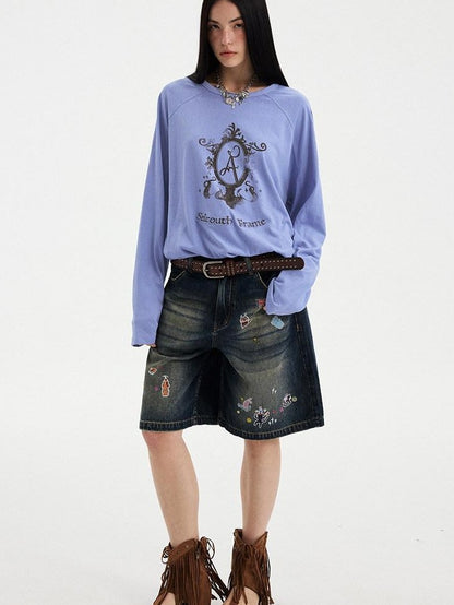 DIDDI MODA Denim Blue Cartoon Sticker Bow Print Women&