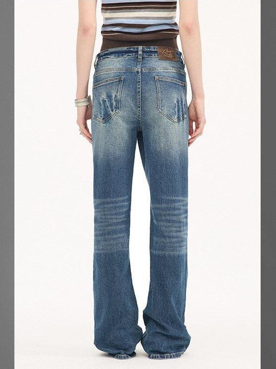 DIDDI MODA Denim Blue Whisker Distressed Low Rise Wide Leg Loose Women&