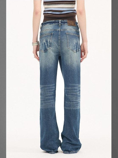 DIDDI MODA Denim Blue Whisker Distressed Low Rise Wide Leg Loose Women&
