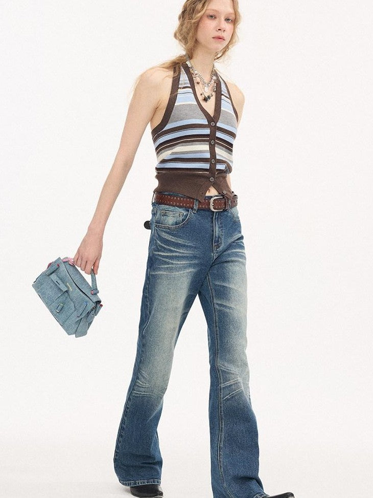 DIDDI MODA Denim Blue Whisker Distressed Low Rise Wide Leg Loose Women&