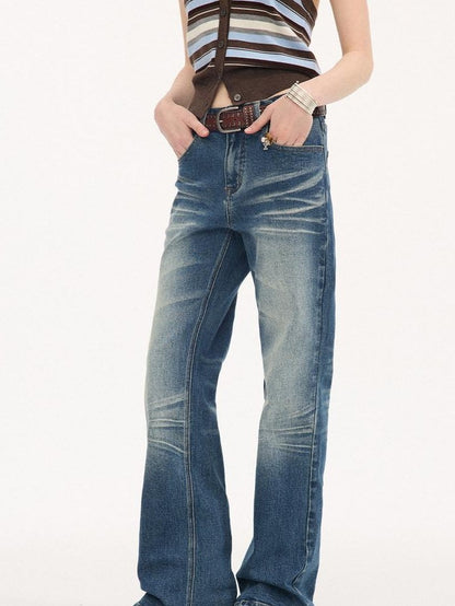 DIDDI MODA Denim Blue Whisker Distressed Low Rise Wide Leg Loose Women&