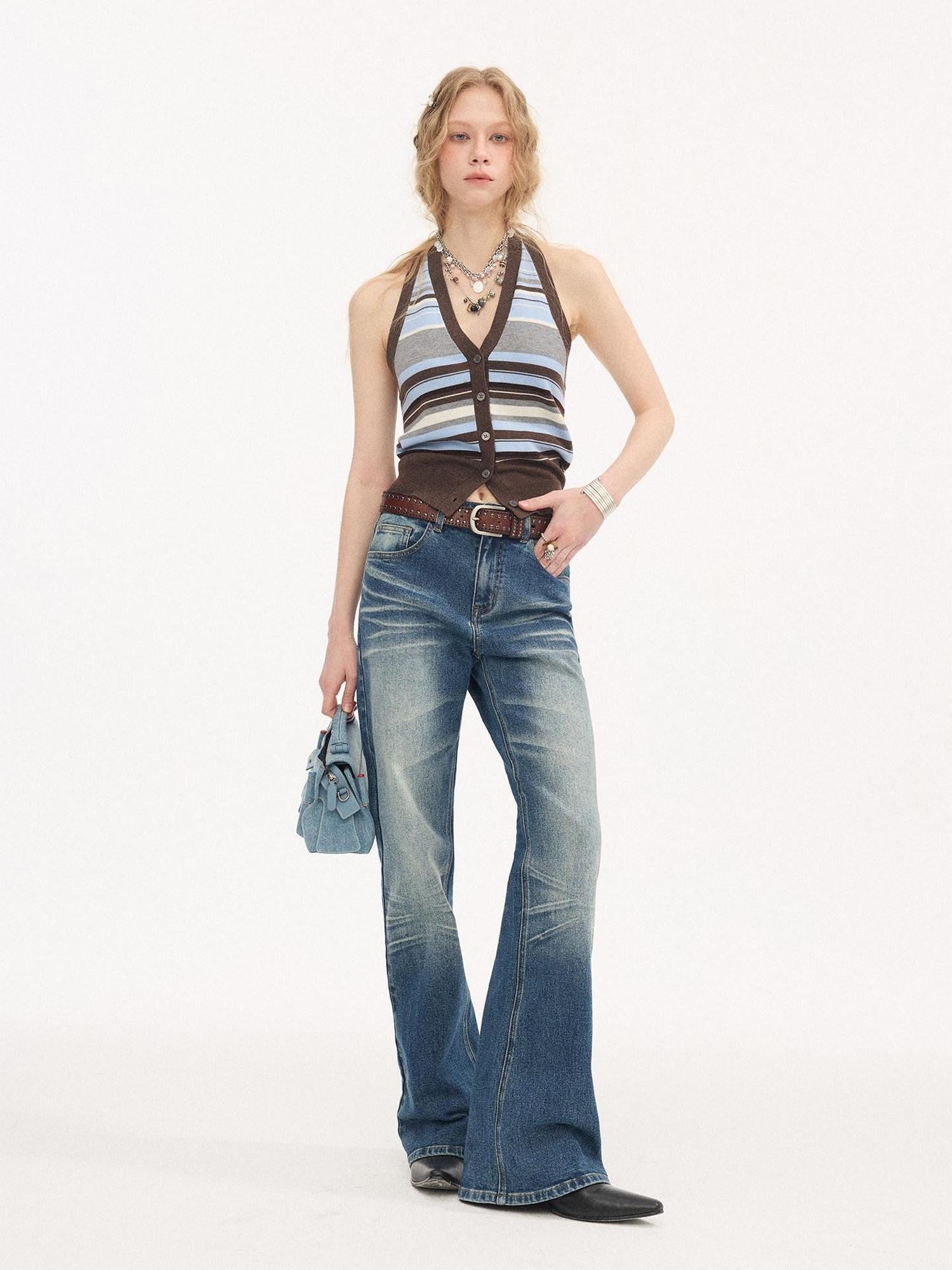 DIDDI MODA Denim Blue Whisker Distressed Low Rise Wide Leg Loose Women&