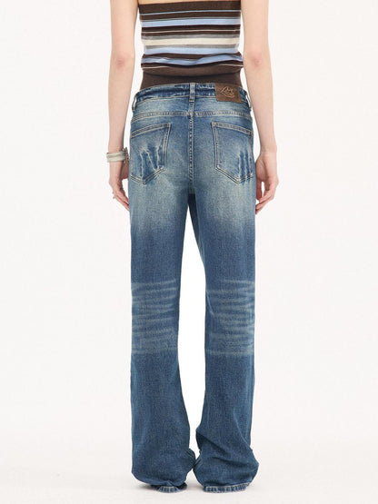 DIDDI MODA Denim Blue Whisker Distressed Low Rise Wide Leg Loose Women&