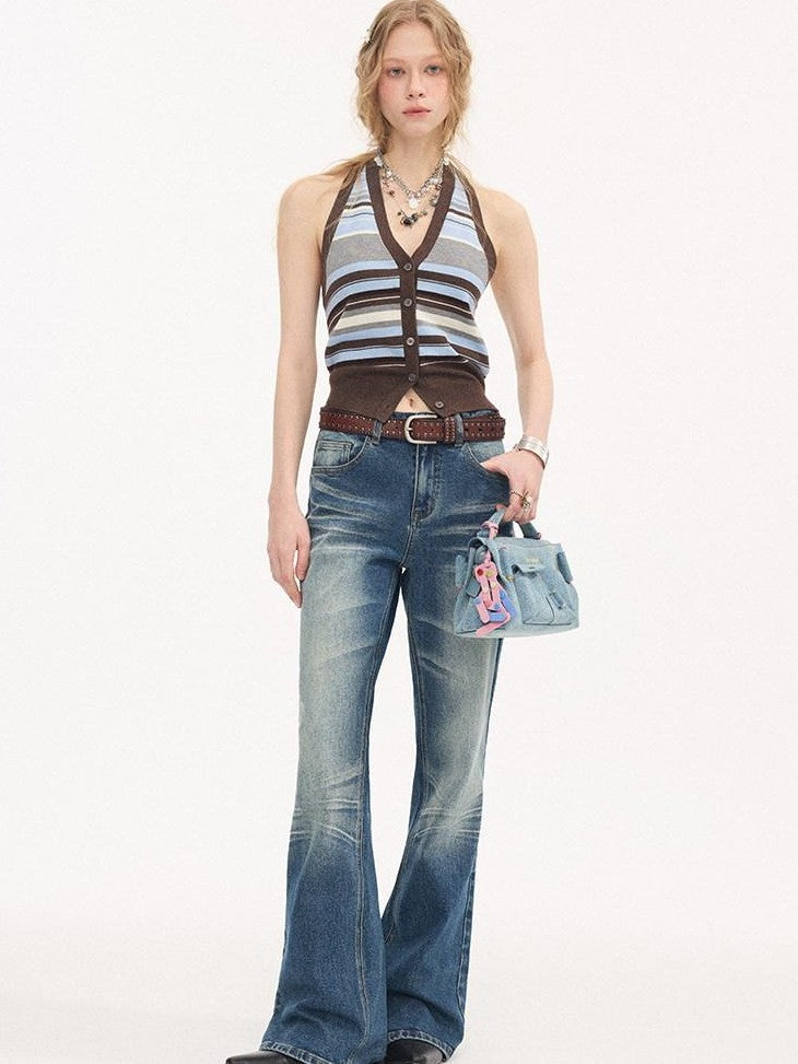 DIDDI MODA Denim Blue Whisker Distressed Low Rise Wide Leg Loose Women&