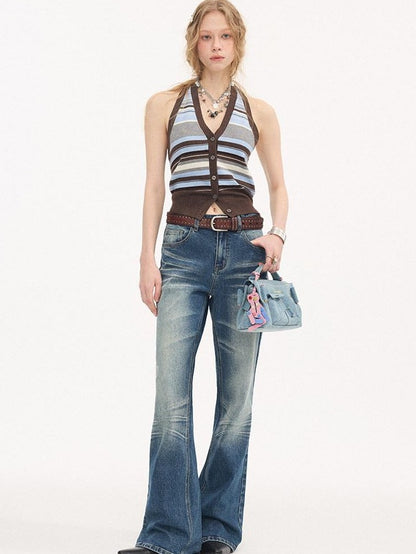 DIDDI MODA Denim Blue Whisker Distressed Low Rise Wide Leg Loose Women&