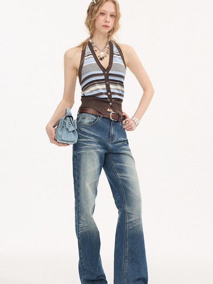 DIDDI MODA Denim Blue Whisker Distressed Low Rise Wide Leg Loose Women&