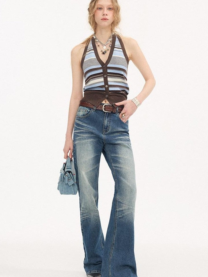 DIDDI MODA Denim Blue Whisker Distressed Low Rise Wide Leg Loose Women&