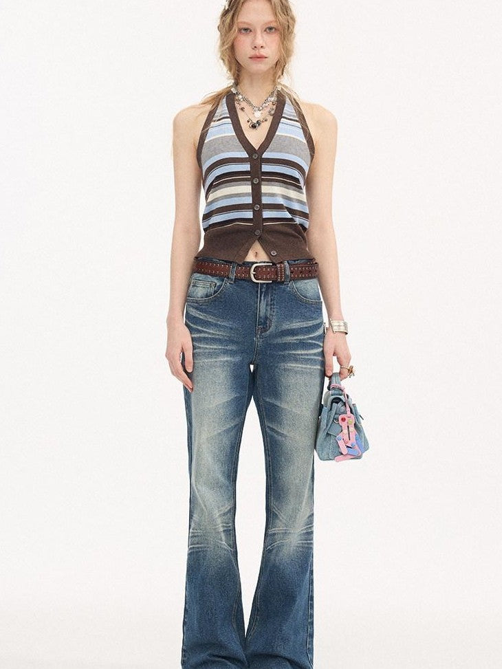 DIDDI MODA Denim Blue Whisker Distressed Low Rise Wide Leg Loose Women&