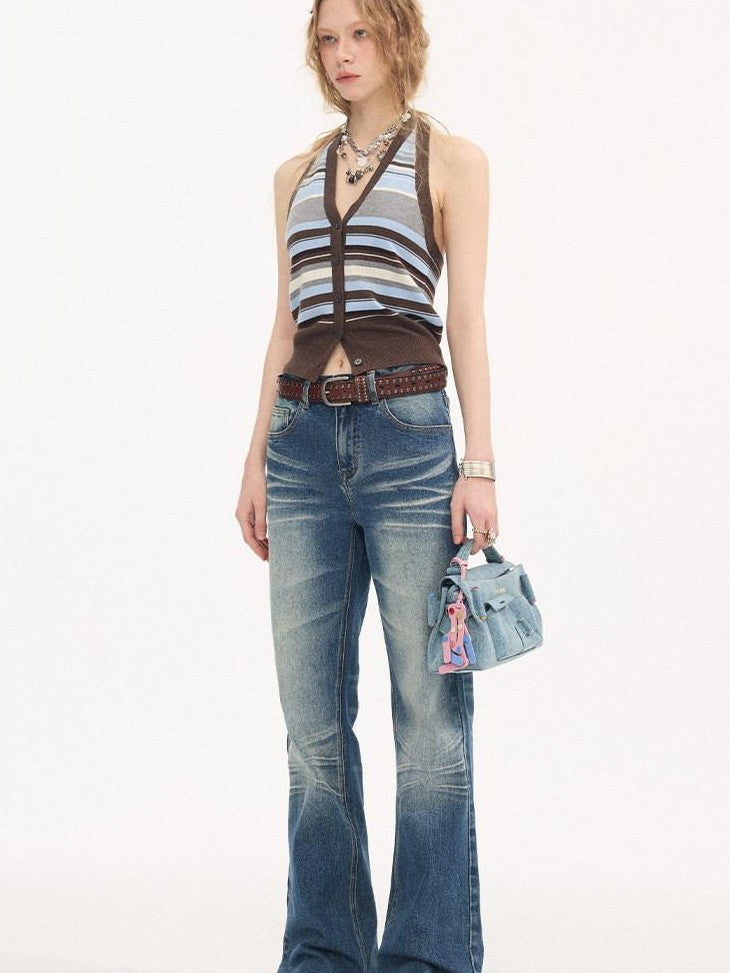 DIDDI MODA Denim Blue Whisker Distressed Low Rise Wide Leg Loose Women&